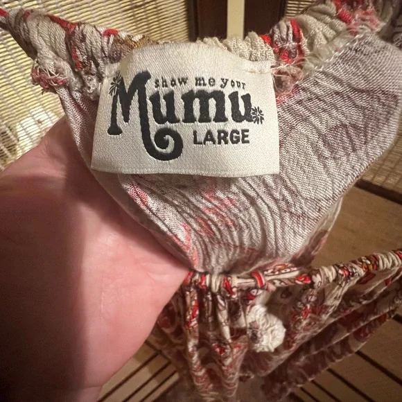 Show me your Mumu rayon Pom Pom drawstring paisley dress Red and taupe - Picture 7 of 11